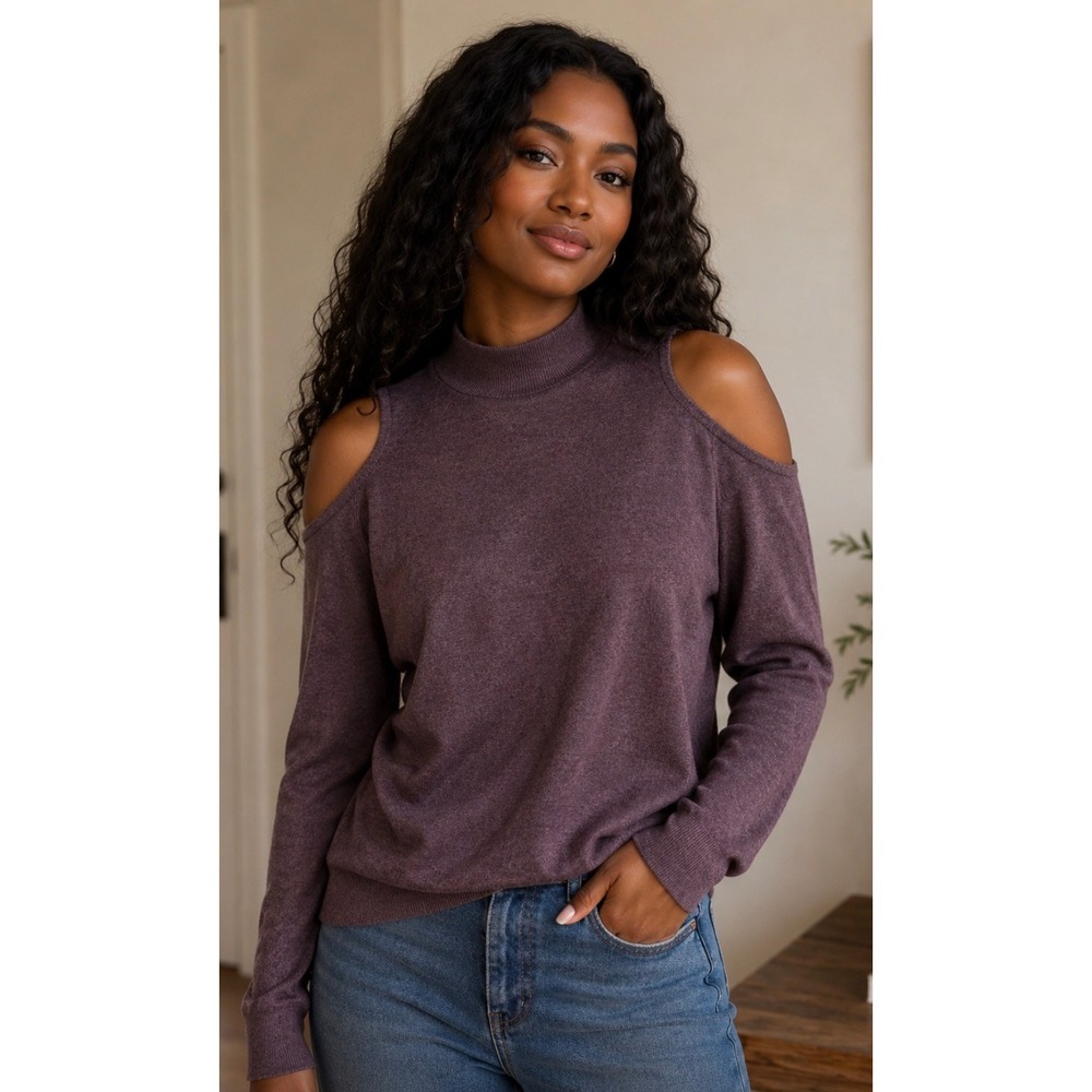 NWT Feel the Piece by Terre Jacobs Cold-Shoulder Women's  Mock Neck Sweater Plum